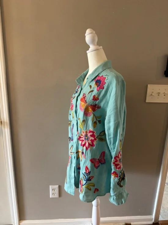 JOHNNY WAS GRACEY LINEN EMBROIRDERED OVERSIZED SHIRT LARGE - Picture 9 of 10